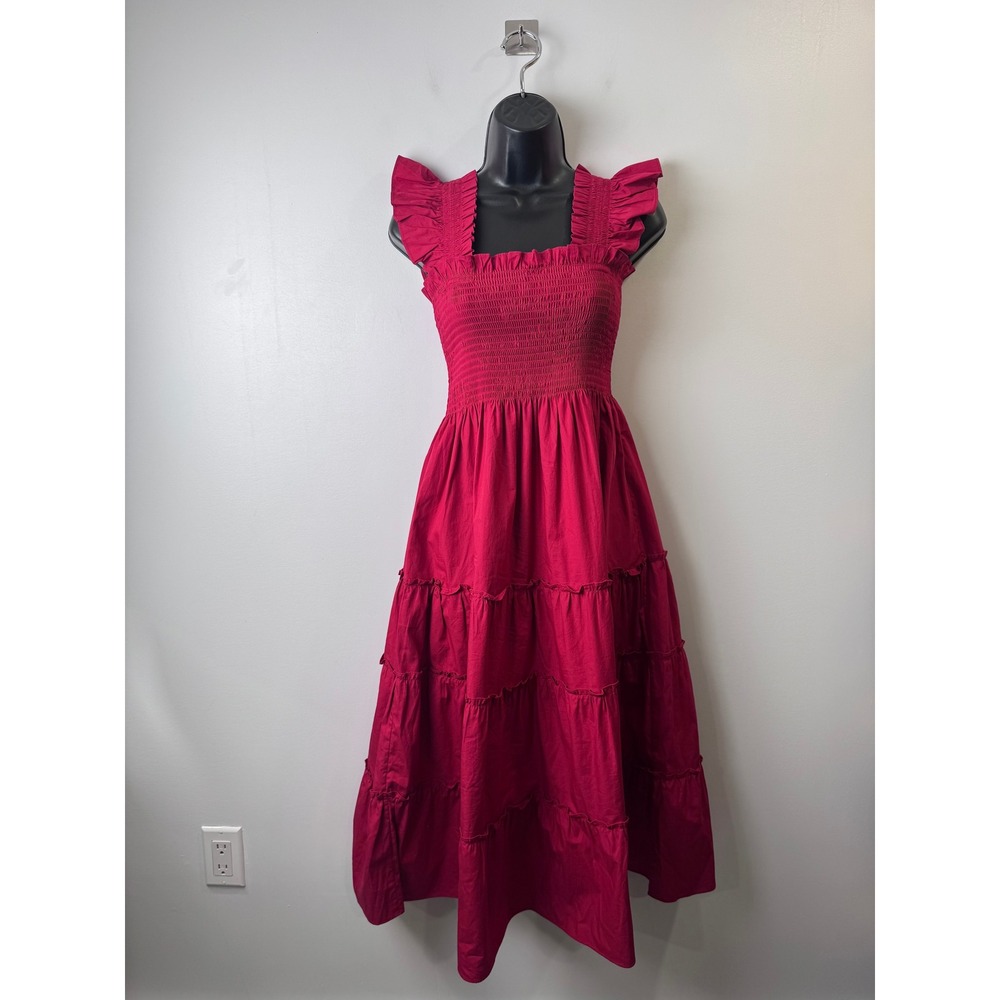 Hill House Women Red Nap Dress Ellie Smocked Ruffle Tiered Midi XS